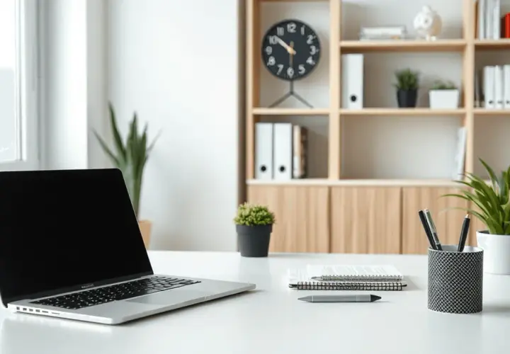 Nowoczesny office setup: laptop, notatniki, pióra i rośliny na biurku. W tle regał z książkami i zegarem.
