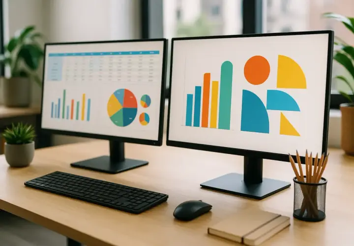 Bureau avec deux écrans affichant des graphiques. Un ordinateur avec Windows VM en ligne pour analyser les données.