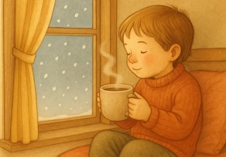 En pojke njuter av en varm choklad vid fönstret medan snön faller.