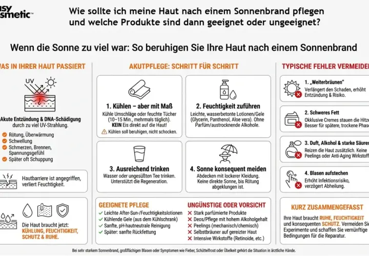 Was kann man gegen Sonnenbrand machen? Kühlen, Feuchtigkeit zuführen, viel trinken und Sonne meiden. Leichte Pflege ist wichtig.