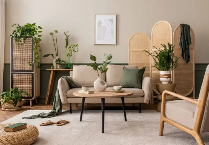 Przytulny salon w odcieniach beżu. Sofa, fotel i dywan tworzą ciepłą atmosferę. Wnętrze zdobią rośliny i rattanowe meble.