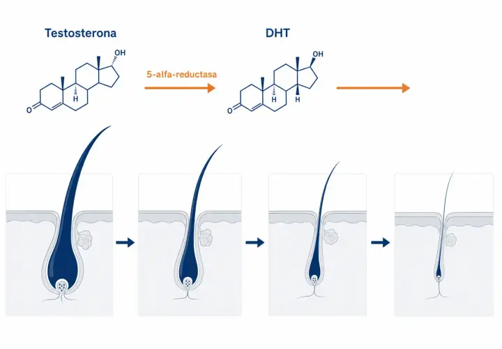 La testosterona se convierte en DHT por la 5-alfa reductasa, afectando el folículo piloso y el crecimiento del pelo.