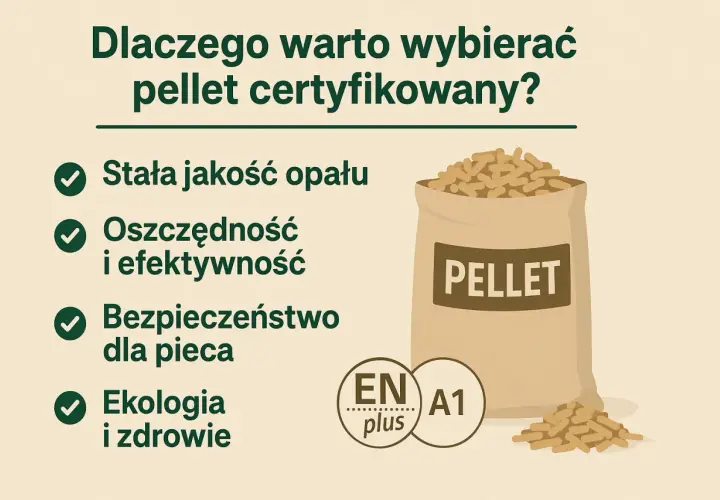 Worek z napisem PELLET i certyfikatem ENplus A1. Dlaczego warto wybierać pellet certyfikowany? Stała jakość, oszczędność, bezpieczeństwo, ekologia.