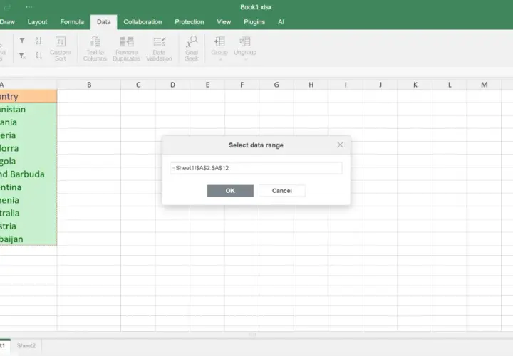 Una finestra di dialogo in Excel chiede di selezionare un intervallo di dati, mostrando una lista di paesi da A2 ad A12.