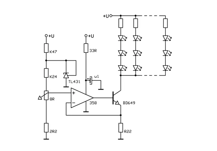 Schemat ściemniacza LED 12V z TL431, wzmacniaczem operacyjnym 358 i tranzystorem BD649.
