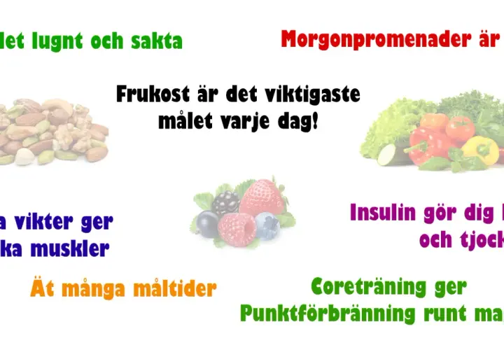 Pile of nuts, berries, and vegetables with Swedish text about weight loss.