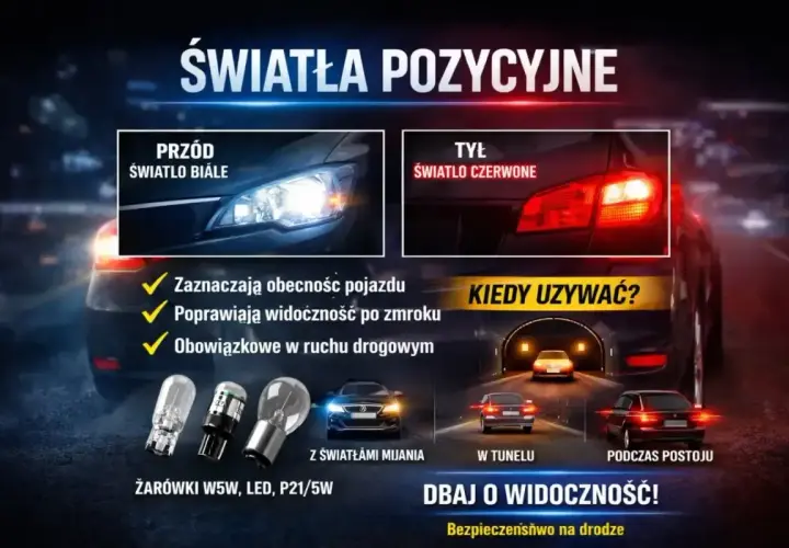 Światła pozycyjne w samochodzie – białe z przodu, czerwone z tyłu. Poprawiają widoczność i bezpieczeństwo na drodze.