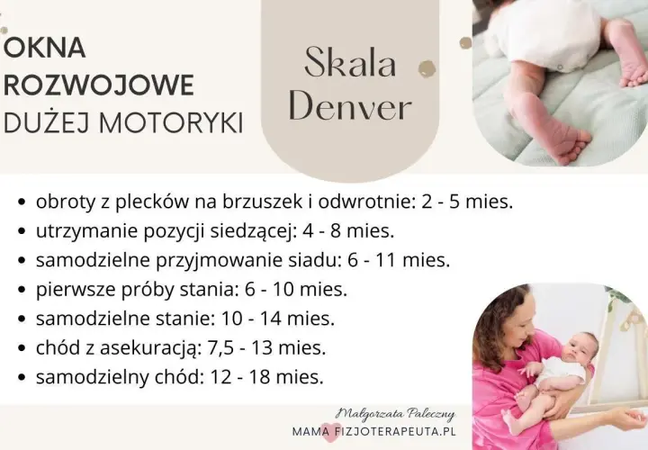 Skala Denver: okna rozwojowe dużej motoryki u niemowląt, od obrotów po samodzielny chód. Obrazek pokazuje rozwój noworodka.