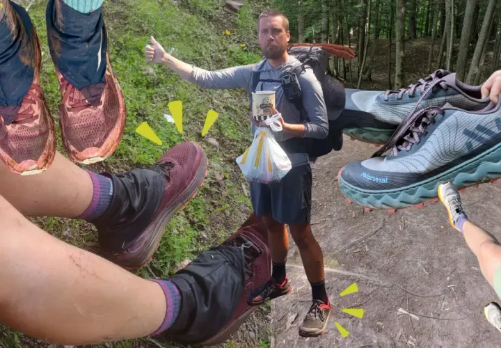 Hiking shoes should fit snugly but not too tight, allowing room for toes to wiggle. This collage shows various fits, from trail-worn to pristine.