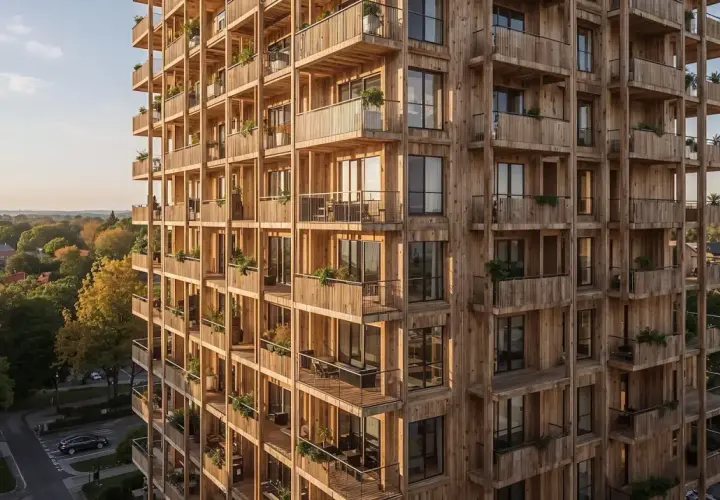 Ein modernes Holzhochhaus mit vielen Balkonen, das eine Vision für nachhaltiges wohnen in der zukunft darstellt.
