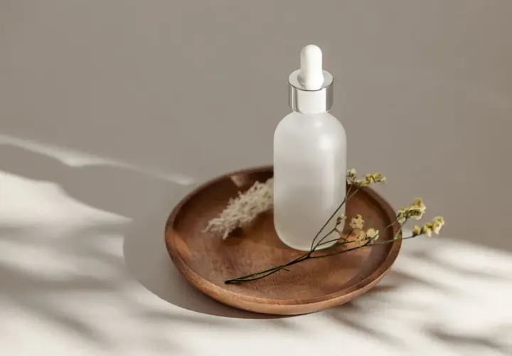 Szklana buteleczka z pipetką na drewnianej tacy, ozdobiona suchymi kwiatami. Uosobienie slow beauty, spokoju i naturalności.