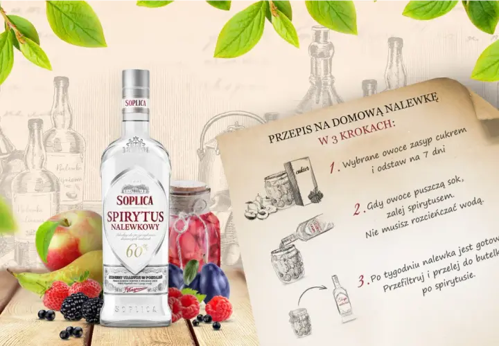 Butelka Soplicy Spirytus Naleśnikowy, owoce i przepis na domową nalewkę. Idealny spirytus do nalewek.