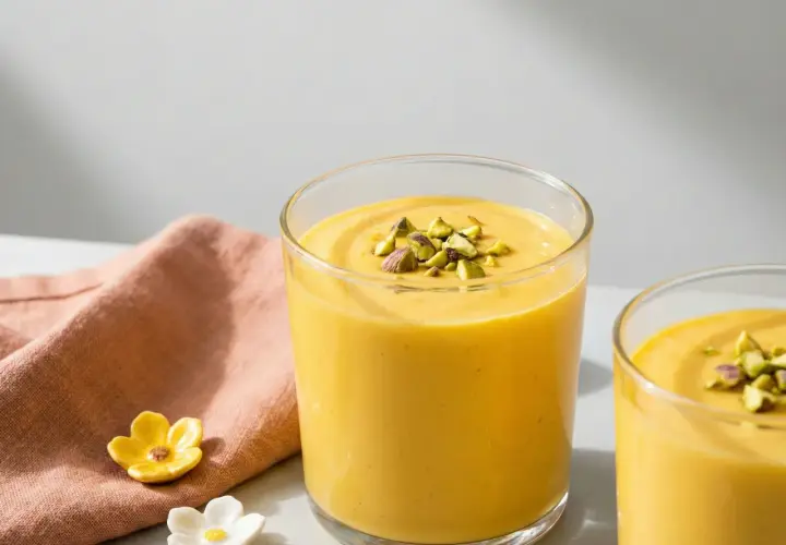 Två glas med krämig mango lassi, toppad med hackade pistagenötter. Ett enkelt recept för en svalkande sommardrink.