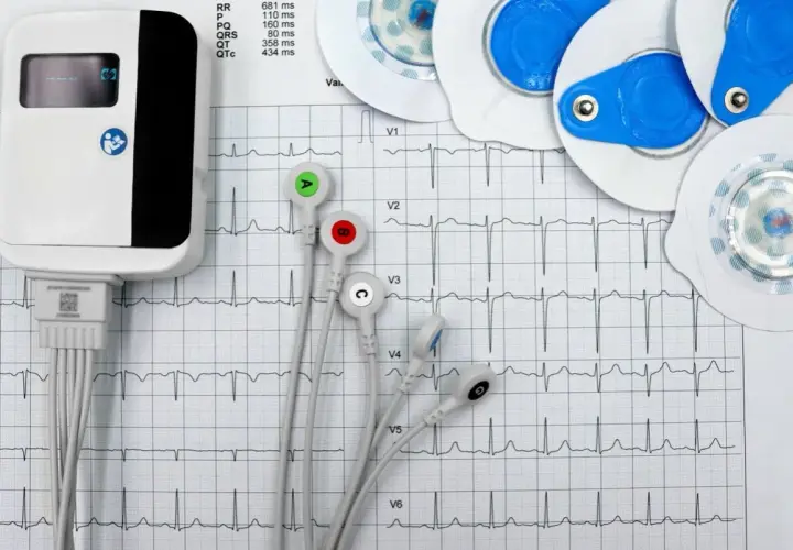 Elektrokardiograf i elektrody do badań serca na tle zapisu EKG.