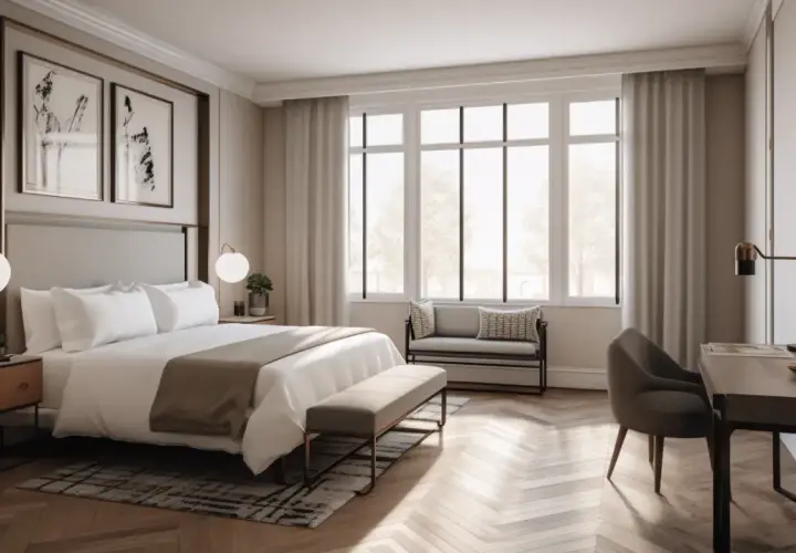 Camera da letto elegante con letto king-size, opere d'arte astratte e un'ampia finestra. Il **gds significato** qui è il comfort e il lusso.