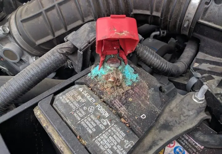 Vano batterie auto con forte ossidazione bluastra sui morsetti. Guida su come pulire vano batterie ossidato.