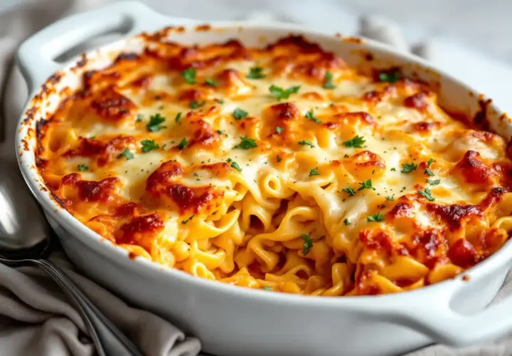 Un plat de gratin de pâtes crémeux et doré, garni de persil frais. Parfait pour des recettes gratin de pâtes réconfortantes.