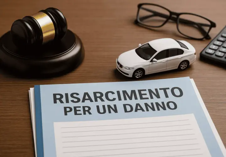 Martelletto da giudice, auto giocattolo, occhiali e calcolatrice su un tavolo. Documento "Risarcimento per un danno". Chi paga in caso di infortunio sul lavoro?