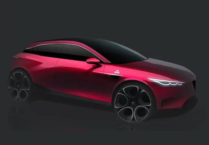 Un boceto de un Alfa Romeo Giulietta Quadrifoglio Verde rojo brillante, con llantas distintivas y el trébol verde en el guardabarros.