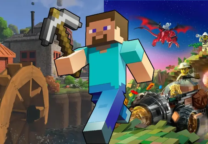 Steve z kilofem w ręku, obok budowli i wodnego koła, a po drugiej stronie smoki i pojazdy z klocków. Gry podobne do Minecraft.