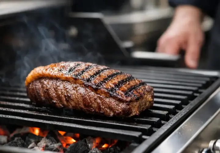 Un beau steak est en cuisson barbecue gaz, avec des marques de grill parfaites et de la fumée qui s'en dégage.