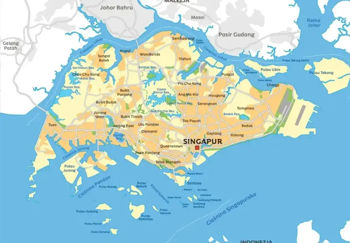 Mapa pokazuje, gdzie leży Singapur, otoczony przez Malezję i Indonezję, z licznymi wyspami i cieśninami.