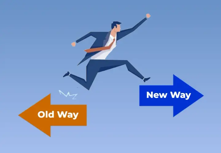 A businessman leaps from an "Old Way" arrow towards a "New Way" arrow, symbolizing a reflection on change in the workplace.