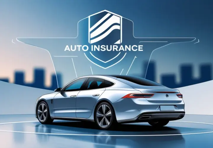 Auto moderna sotto un simbolo di assicurazione. Non dimenticare la scadenza assicurazione auto per viaggiare sereni.