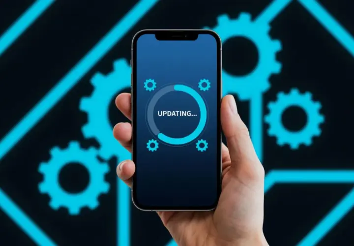 Dłoń trzyma smartfon z ekranem pokazującym pasek postępu "UPDATING..." na tle niebieskich kół zębatych. Aktualizacja telefonu trwa.