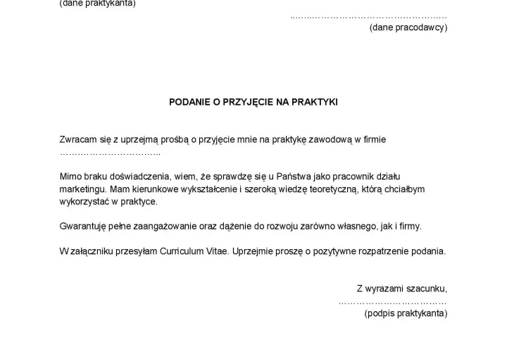 Wzór podania o praktyki - Przykładowe podanie na praktyki i prośba o przyjęcie na praktyki