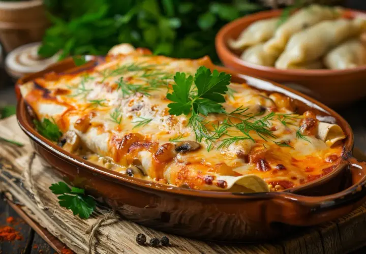 Enchilada lub pierogi z kurczakiem, serem i pieczarkami - pomysł na obiad