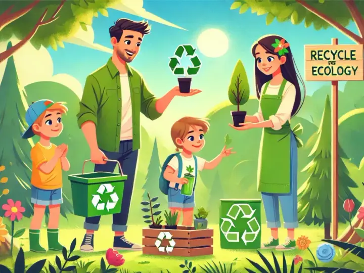 Rodzina sadzi drzewka, ucząc dzieci ekologii i recyklingu. Wszyscy w zielonych ubraniach, otoczeni naturą i symbolami recyklingu.