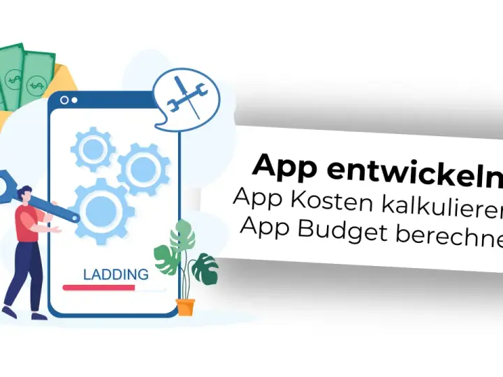 Ein Mann mit Werkzeug vor einem Smartphone-Bildschirm, der Zahnräder und eine Ladeanzeige zeigt. Geld im Umschlag. Ein web app beispiel für App-Entwicklungskosten.