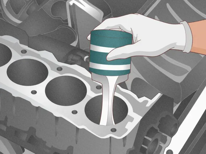 A gloved hand inserts a tool into a cylinder bore, possibly to address a p0302 code by checking for piston or cylinder damage.