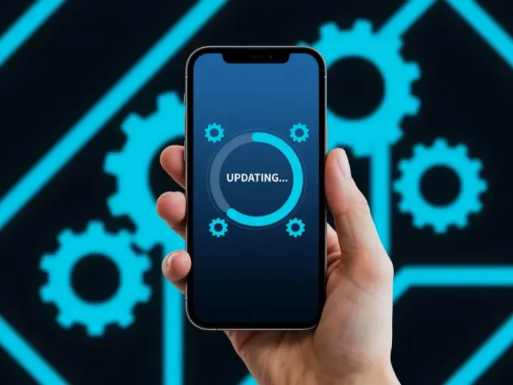 Dłoń trzyma smartfon z ekranem pokazującym pasek postępu "UPDATING..." i ikonki kół zębatych. Tło to schematyczne, neonowe koła zębate.