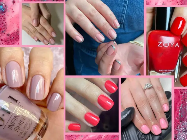 Manicure con unghie squoval in tonalità nude, rosa e rosso vivace. Smalti OPI e Zoya.