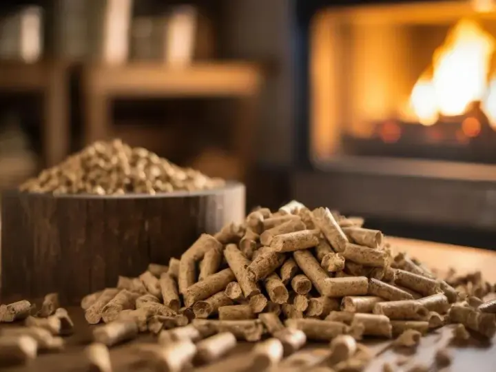 Un mucchio di pellet di legno su un tavolo, con un camino acceso sullo sfondo. L'immagine evoca il tema dell'andamento prezzo pellet.