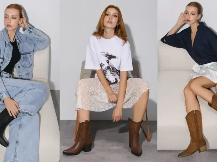 Tres mujeres posan con diferentes atuendos. La de la izquierda lleva vaqueros y una chaqueta vaquera con botines negros. La del centro, falda de encaje y camiseta gráfica con botines marrones. La de la derecha, falda blanca y camisa vaquera oscura con ...