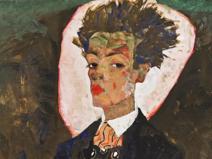 Portrait expressif d'un homme aux cheveux ébouriffés, par le peintre Schiele. Son visage est marqué par des couleurs vives et une touche de rouge à lèvres.