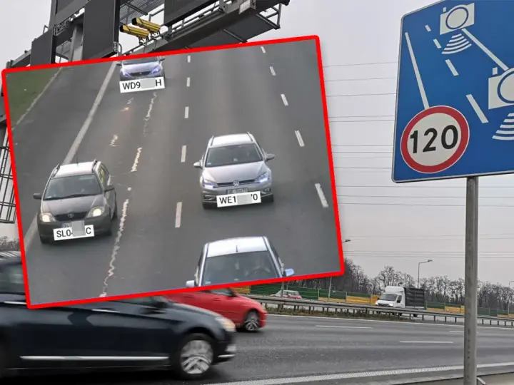 Znak ograniczenia prędkości do 120 km/h i fotoradar. Na nagraniu z kamery widać samochody na drodze, które mogą otrzymać mandat z fotoradaru.
