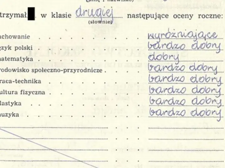 Świadectwo z drugie klasy z ocenami rocznymi: wyróżniające, bardzo dobry, dobry.