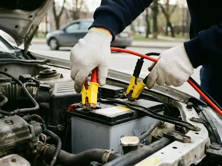 Person mit Handschuhen schließt Starthilfe-Kabel an Autobatterie an. ADAC-Hilfe ist oft die Lösung bei Pannen.