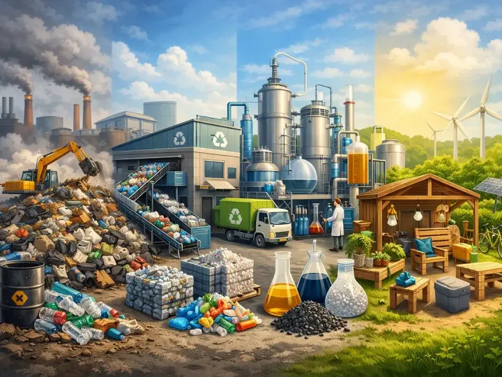 Od zanieczyszczonych fabryk po czystą energię i recykling. Obraz pokazuje różne poziomy recyklingu i jego wpływ na środowisko.