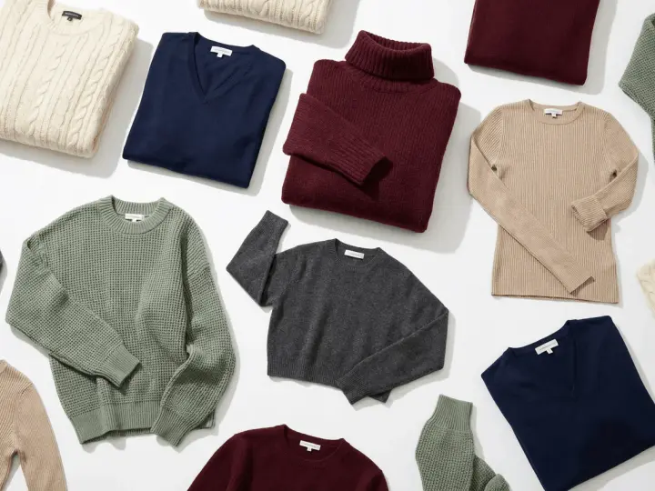 Una collezione di maglieria in varie tonalità: beige, blu, bordeaux, grigio e verde. Il maglione a trecce beige evoca un senso di calore e tradizione, mentre i modelli a collo alto e scollo a V offrono eleganza.