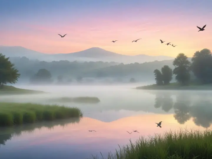 Fåglar flyger över en dimmig sjö i gryningen. Morgonens rosa och blå himmel speglas i vattnet.