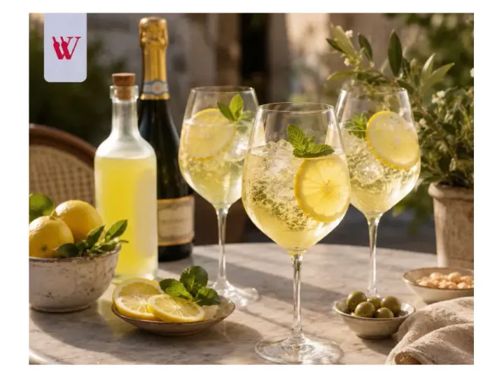 Orzeźwiający limoncello spritz z cytryną i miętą, butelka likieru, szampan i przekąski na stole.