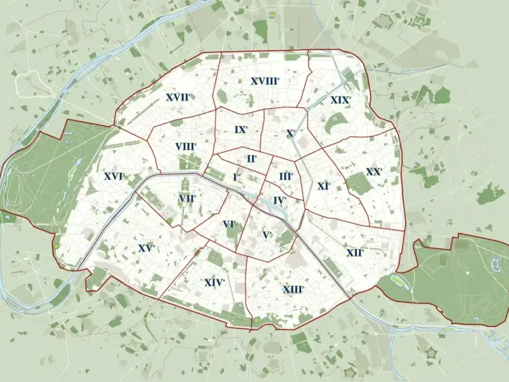 Mapa Paryża z podziałem na dzielnice (arrondissements). Plan pomoże Ci zdecydować, gdzie spać w Paryżu, wybierając najlepszą lokalizację.