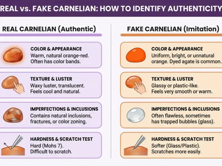 Guide to identifying natural carnelian vs. imitation. Authentic carnelian has warm, banded colors and natural inclusions.
