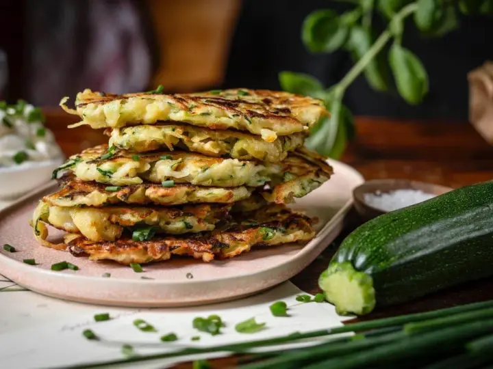 Stapel goldbrauner Zucchini Kartoffel Puffer, garniert mit Schnittlauch, neben frischem Zucchini und einer Schüssel Sauerrahm.