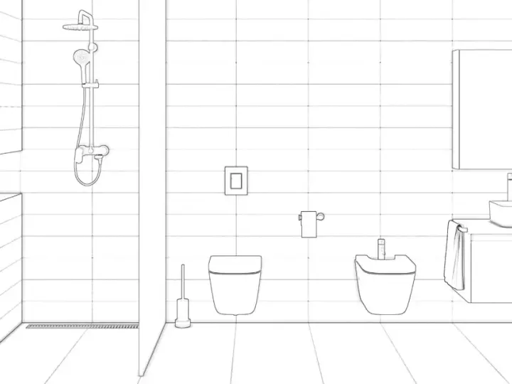 Salle de bain moderne avec douche, lavabo, miroir, toilettes et bidet. Le calepinage du carrelage est visible sur les murs et le sol.